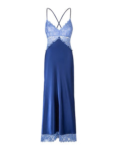 Blue Satin Lace Slip Dress