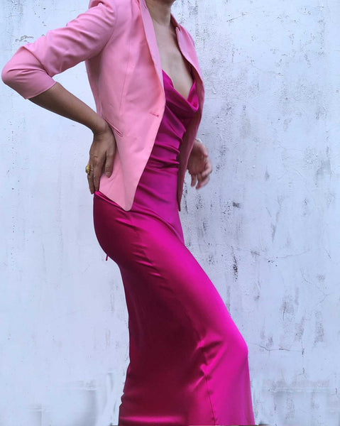 SAMPLE SALES * Magenta Crystal Cowl Neck Backless Silk Gown