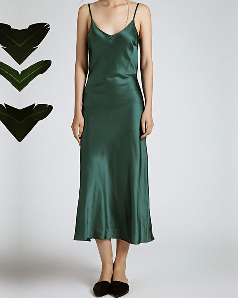 Deep Green V Neck Slip Dress - Studio Alashanghai Silk