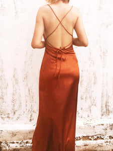 Drapeli Bronz Sırtı Açık Dut İpek Kukuletası Boyun Slip Elbise - Studio Alashanghai Silk