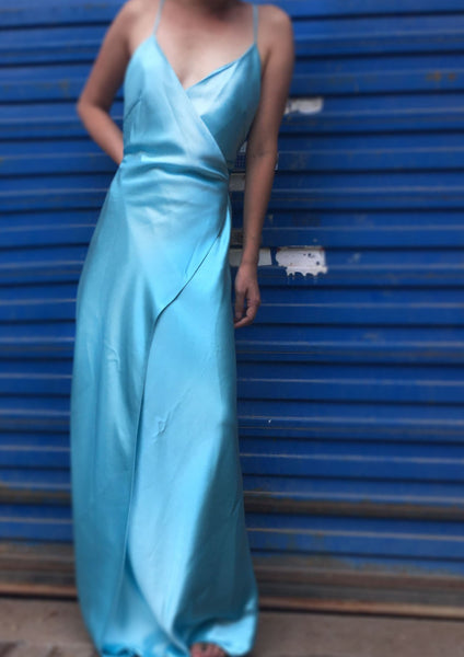 Gaby Blue Wrap Up Backless Satin Slip Dress Kleid - Studio Alashanghai Silk