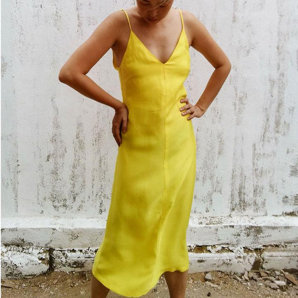 Abito sottoveste in cupro giallo con scollo a V - Studio Alahanghai Silk